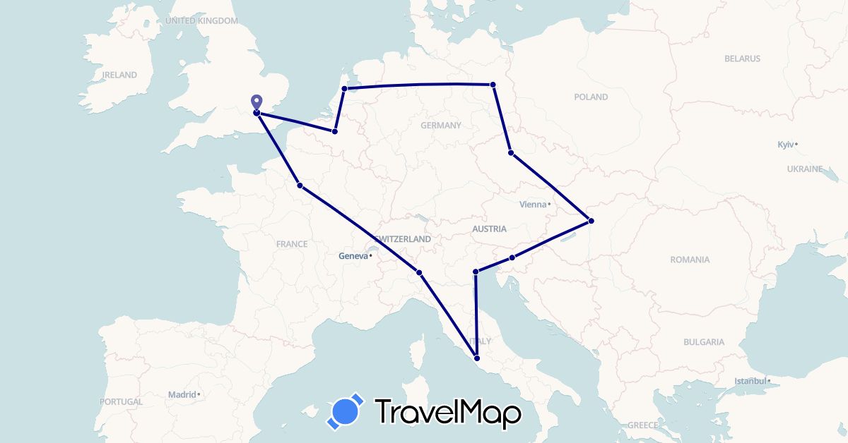TravelMap itinerary: driving in Belgium, Czech Republic, Germany, France, United Kingdom, Hungary, Italy, Netherlands, Slovenia (Europe)